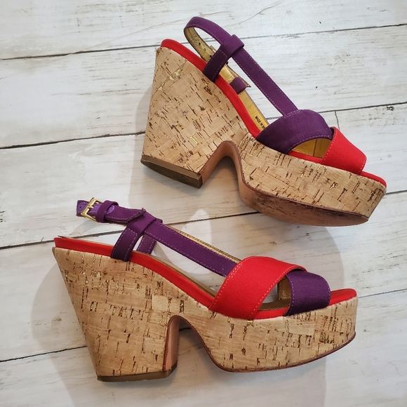 Kate spade Penny cork wedges slingback red purple canvas straps size 6 - Picture 2 of 7